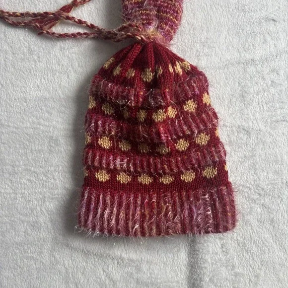 VTG Hand‎ Knitted Beanie Hat Red Pink Gold - Picture 2 of 3